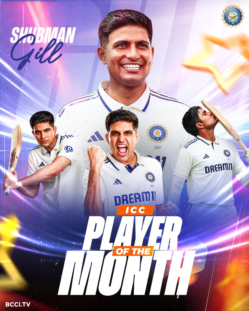 BCCI (@bcci) on Twitter photo He set the stage on fire with his batting heroics in his first series as #TeamIndia's Test captain in England! 🔝
Congratulations to Shubman Gill as he becomes the ICC Men’s Player of the Month for July 2025. 👏 👏
He wins this honour for the record 4⃣th time! 🙌
<a href="/ShubmanGill/">Shubman Gill</a> He set the stage on fire with his batting heroics in his first series as #TeamIndia's Test captain in England! 🔝
Congratulations to Shubman Gill as he becomes the ICC Men’s Player of the Month for July 2025. 👏 👏
He wins this honour for the record 4⃣th time! 🙌
<a href="/ShubmanGill/">Shubman Gill</a>