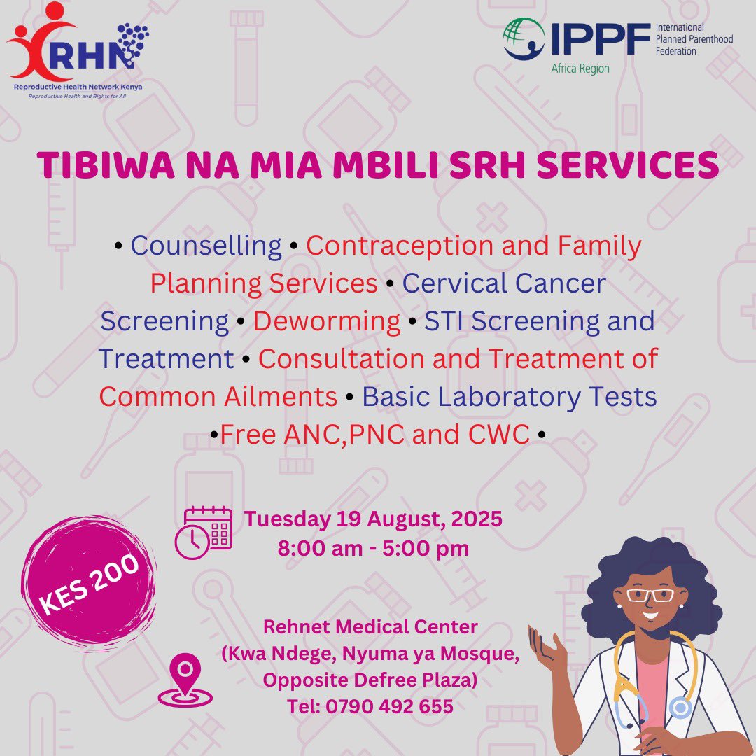 Our <a href="/RehnetMed/">Rehnet Medical Center</a> centre in Embakasi, Nairobi will be offering #TibiwaNaMiaMbili SRH services on Tuesday, 19th August as from 8am - 5pm! 

SRH services include counseling, FP, STI screening &amp; treatment, ANC, PNC, &amp; more.

Tell a friend to tell a friend!

#YourHealthIsOurPriority
