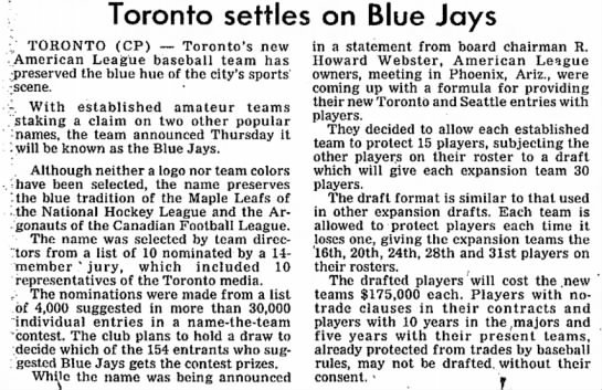 #OTD 49 years ago, the Blue Jays were born when Toronto's major league franchise selected Blue Jays as their name from over 4,000 suggestions in 30,000 individual entries in their "name the team" contest.

There were 154 entrants that suggested the Blue Jays name.