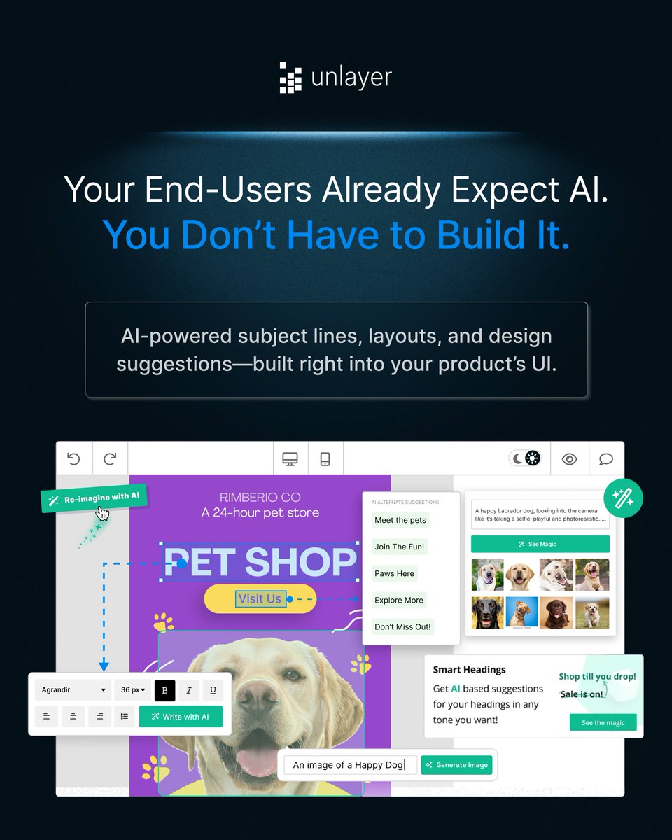 Unlayer embeds AI-powered email creation directly into your app. 🚀
Let users design smarter emails—faster—without your team needing to build a thing. ☑️

#emailbuilder #AI