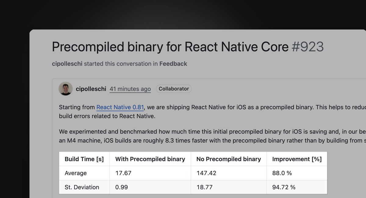 SzymonRybczak's tweet photo. With React Native 0.81 iOS builds are 8.3 times faster thanks to precompiled binaries!! 🔥 https://t.co/peHzsZMmmE
