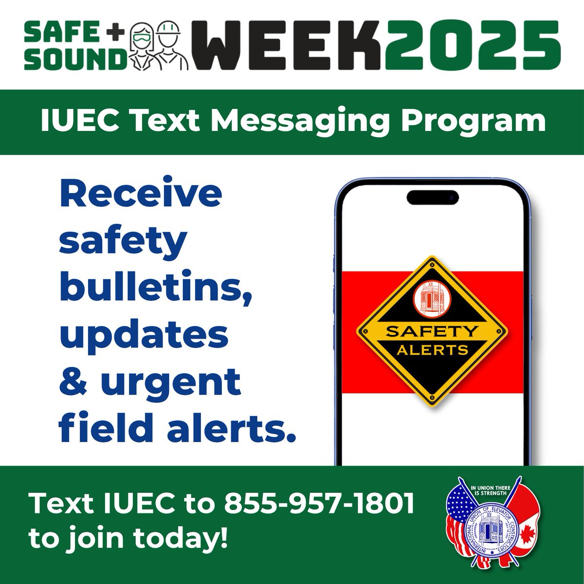 IUEC_Official's tweet photo. This year, OSHA's #SafeandSoundWeek is focusing on emergency preparedness and response, which is a critical part of any strong safety program.
Through our IUEC text messaging program, members receive timely safety updates alerting them to potential hazards on the job. Knowledge is power — the power to save lives!
If you’re a member and haven’t signed up yet, now’s the time. Text IUEC to 855-957-1801 to join today. Follow the sign-up prompts and have your member number ready!
From safety bulletins and updates to urgent field alerts, this tool supports fast communication when seconds count.
#SafeAndSound2025 #EmergencyPreparedness #IUEC #SafetyFirst #UnionStrong #ElevatorConstructors #JobsiteSafety #StayInformed