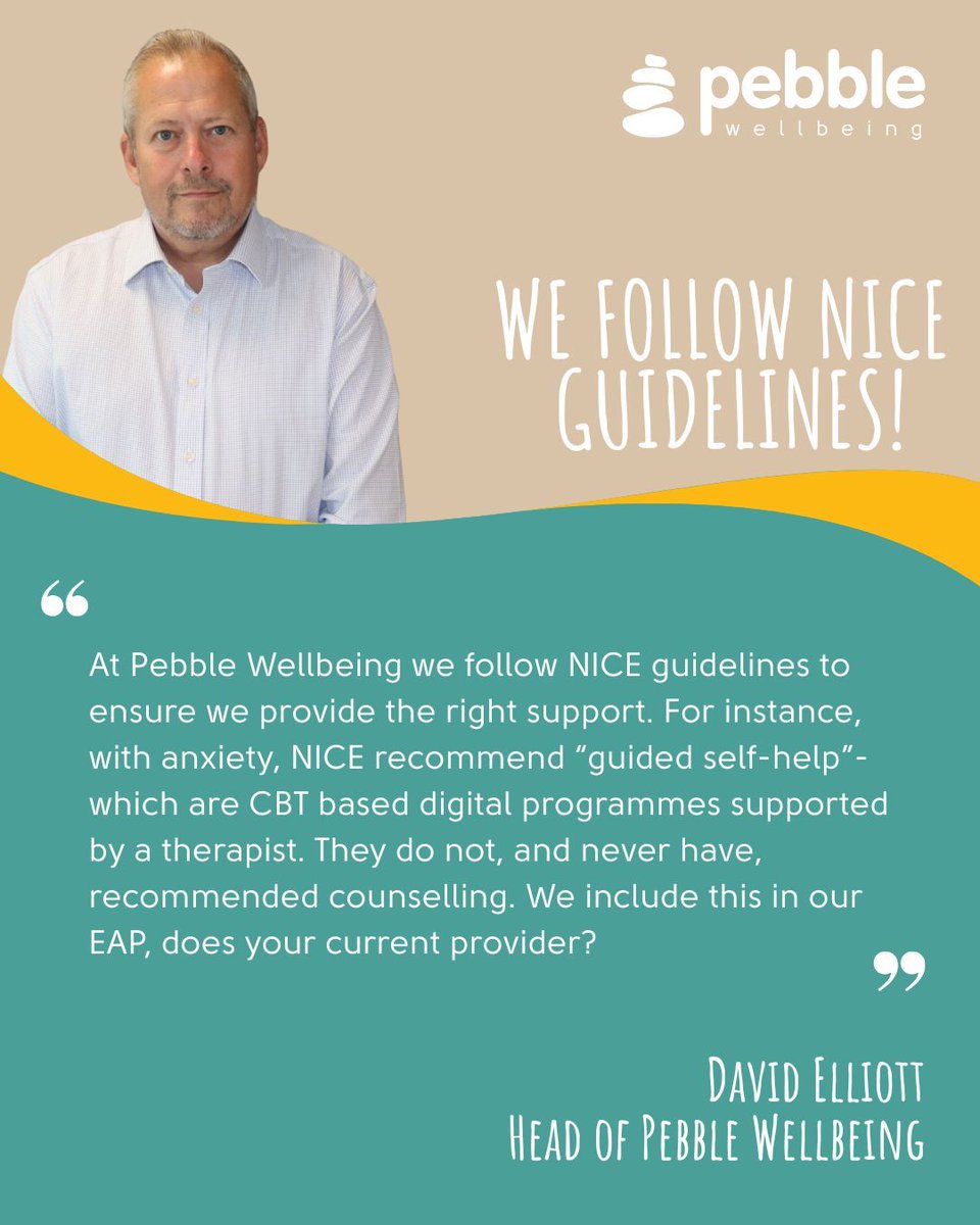 Pebble Wellbeing (@pebblewellbeing) on Twitter photo At Pebble Wellbeing we follow NICE guidelines to ensure that you get the best, most effective help available.
Get in touch with us today via hello@pebblewellbeing.com or here ➡️ pebblewellbeing.com
#HR #EAP #MentalHealth #NICE #Anxiety At Pebble Wellbeing we follow NICE guidelines to ensure that you get the best, most effective help available.
Get in touch with us today via hello@pebblewellbeing.com or here ➡️ pebblewellbeing.com
#HR #EAP #MentalHealth #NICE #Anxiety