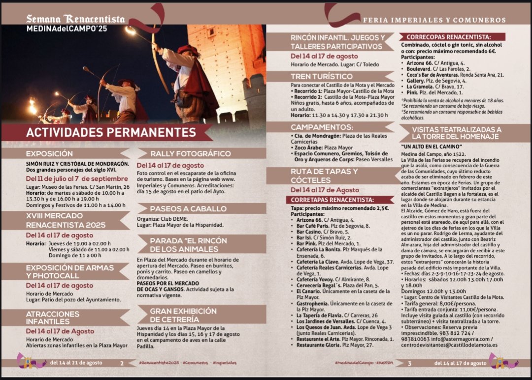 Fiestas Históricas (@aefrh_) on Twitter photo Del 14 al 21 de agosto #MedinaDelCampo (#Valladolid) revive su historia con la #Semana #Renacentista con una amplia #programación: desfiles, talleres, mercado, recreaciones, espectáculos, música… una experiencia inolvidable en <a href="/medinarenacenti/">Medina Renacentista</a>.
Programa: ayto-medinadelcampo.es/noticias/item/… Del 14 al 21 de agosto #MedinaDelCampo (#Valladolid) revive su historia con la #Semana #Renacentista con una amplia #programación: desfiles, talleres, mercado, recreaciones, espectáculos, música… una experiencia inolvidable en <a href="/medinarenacenti/">Medina Renacentista</a>.
Programa: ayto-medinadelcampo.es/noticias/item/…