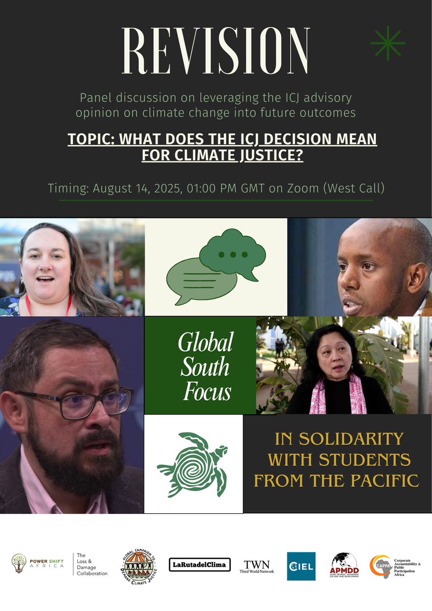 1/4. ⏰JUST 2 DAYS TO SIGN UP! ⏰: For an important webinar unpacking what the International Court of Justice's (<a href="/CIJ_ICJ/">CIJ_ICJ</a>) Advisory Opinion (#ICJAO) on #ClimateChange means for #ClimateJustice. ⚖️

🗓️August 14th

⏰East Call, 8am GMT, register here: zoom.us/webinar/regist…
