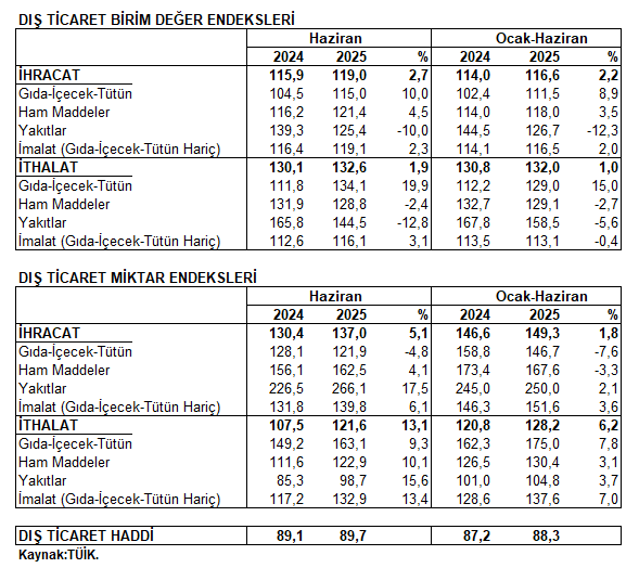 Haziran ayında ihracat fiyatları %2,7, ithalat fiyatları %1,9 artmıştır. İhracat miktar endeksi %5,1 artarken, ithalat miktar endeksi %13,1 yükselmiştir.