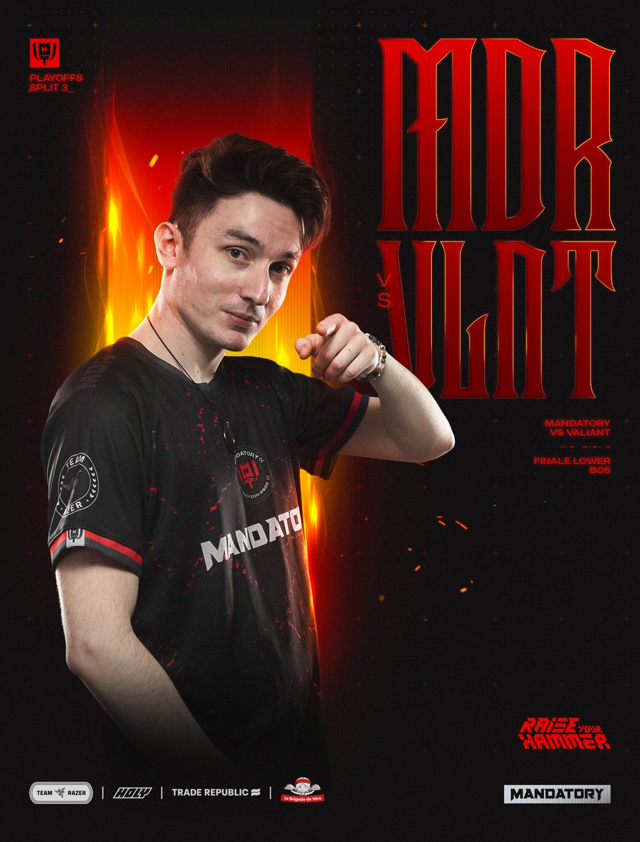 Mandatory (@mandatorygg) on Twitter photo Matchday | MANDATORY 🆚 <a href="/ValiantOfficiel/">Team Valiant</a>
Ce soir, on écrit une nouvelle défaite dans leur histoire, et on se qualifie en Challengers EMEA.
🕖 18h
🎙️ twitch.tv/zerator Matchday | MANDATORY 🆚 <a href="/ValiantOfficiel/">Team Valiant</a>
Ce soir, on écrit une nouvelle défaite dans leur histoire, et on se qualifie en Challengers EMEA.
🕖 18h
🎙️ twitch.tv/zerator