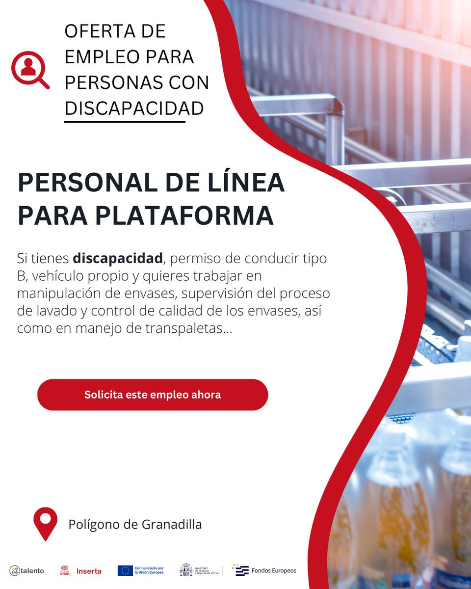 Por Talento (@portalento_) on Twitter photo 📢 #Empleo ¡Buscamos "Personal de línea para plataforma" con #discapacidad en 📌 #Tenerife!
📎 En la web: hubs.ly/Q03BW5lF0
✉️ En el email: jpsanchez.inserta@fundaciononce.es 📢 #Empleo ¡Buscamos "Personal de línea para plataforma" con #discapacidad en 📌 #Tenerife!
📎 En la web: hubs.ly/Q03BW5lF0
✉️ En el email: jpsanchez.inserta@fundaciononce.es