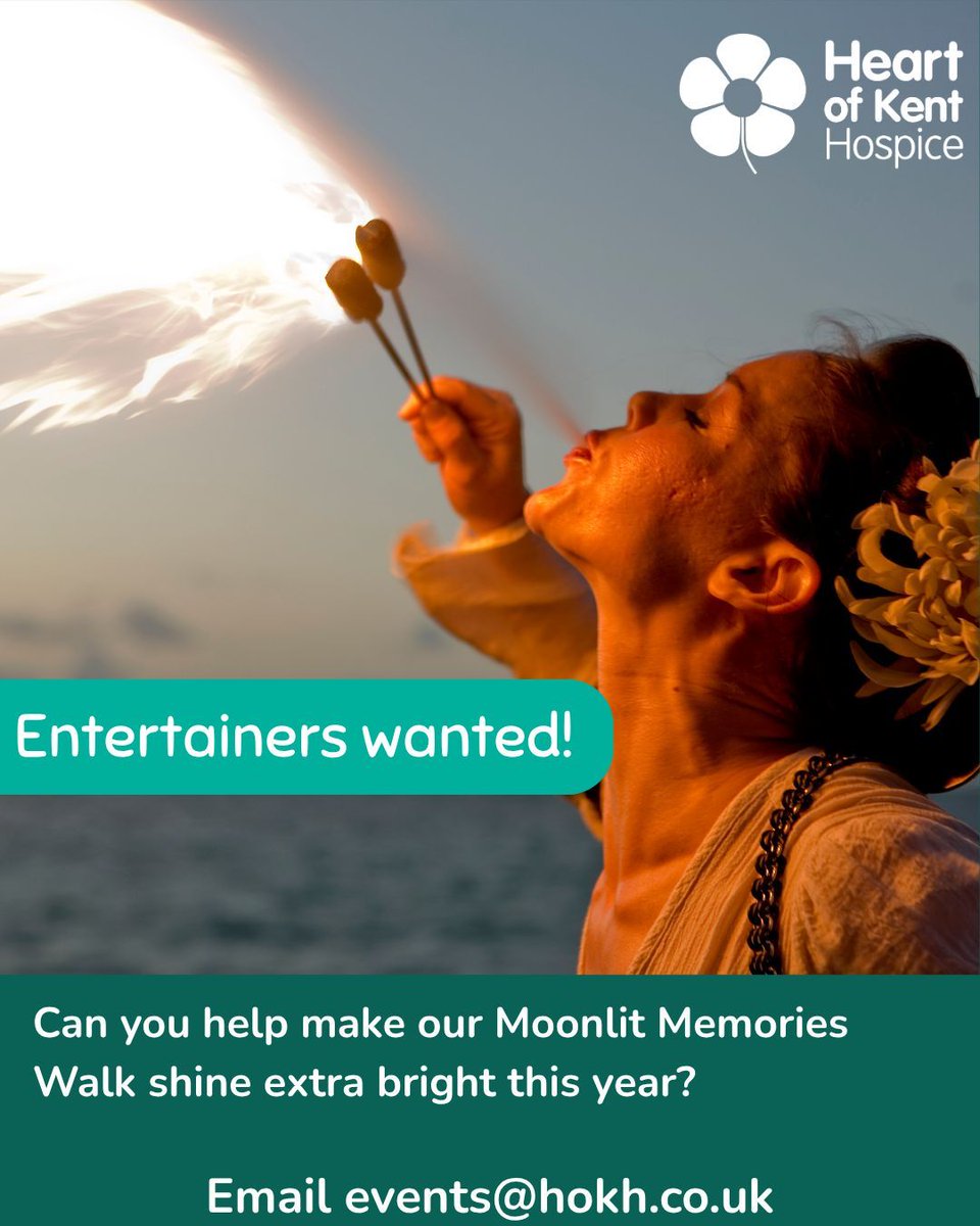 HeartofKentHospice (@heartofkenthosp) on Twitter photo 🚨 Entertainers wanted!🚨
🌙 Can you help make our Moonlit Memories Walk shine extra bright this year? If you are a dance group, acting troupe, fire-breather or magician willing to volunteer for the evening, we want to hear from you!
📩 Please email events@hokh.org 🚨 Entertainers wanted!🚨
🌙 Can you help make our Moonlit Memories Walk shine extra bright this year? If you are a dance group, acting troupe, fire-breather or magician willing to volunteer for the evening, we want to hear from you!
📩 Please email events@hokh.org