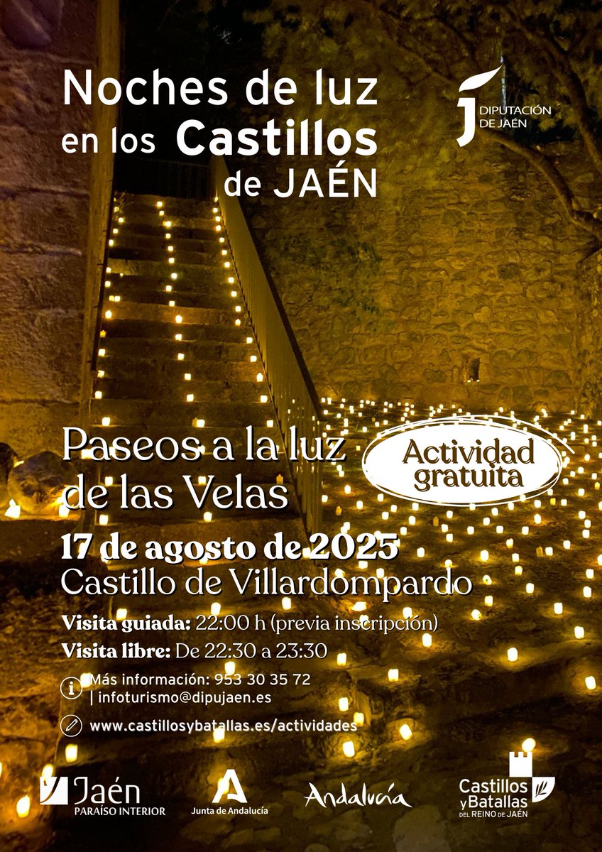 ✨ El ciclo "Paseos a la Luz de las Velas", del programa Noches de Luz en los Castillos de Jaén, hace parada en Villardompardo.

🗓️ 17 de agosto
🕘 Visita guiada a las 22:00 h (requiere inscripción previa gratuita)
🕘 Visita libre de 22:30 a 23:30 h
🔗 jaenparaisointerior.es/es/w/paseos-a-…