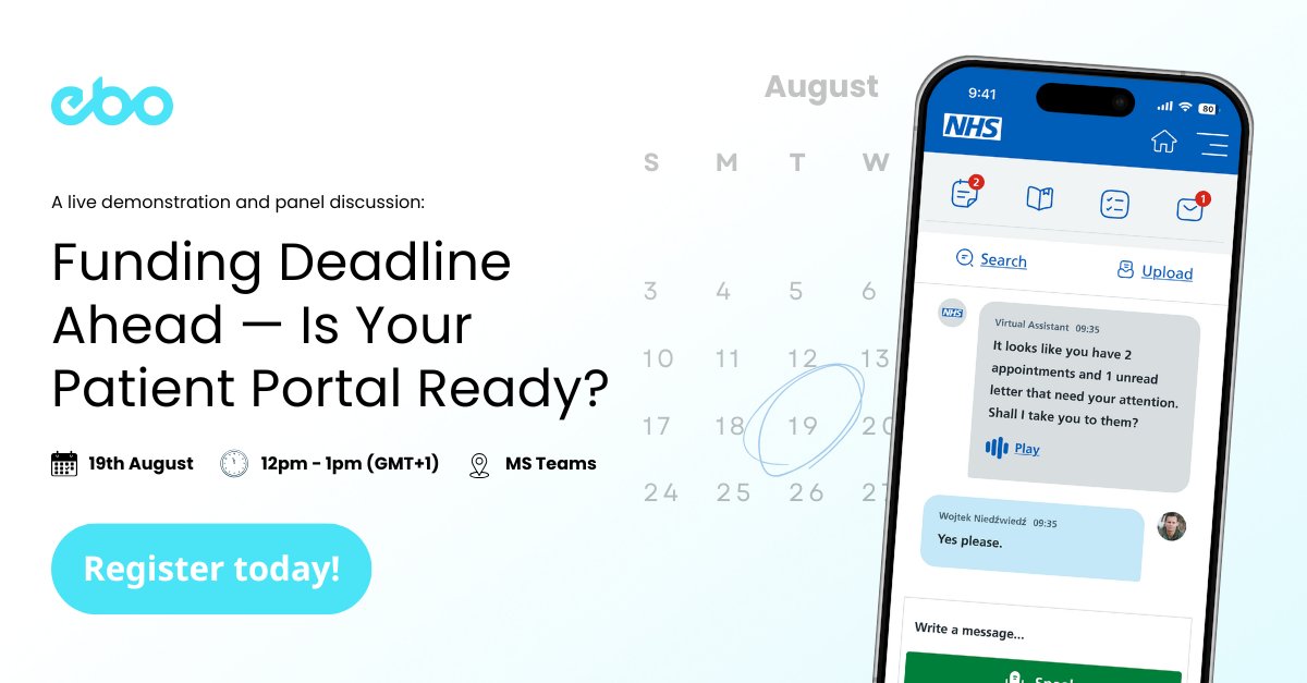 EBO (@ebo_ai) on Twitter photo Funding’s ticking! ⏳
👋 As the National Capital Funding deadline approaches, join us on 19th August for a live demo of EBO’s Intelligent Patient Portal, followed by an insightful panel discussion featuring NHS leaders and AI experts from <a href="/OxfordHealthNHS/">Oxford Health NHS FT</a> and EBO.
Secure your Funding’s ticking! ⏳
👋 As the National Capital Funding deadline approaches, join us on 19th August for a live demo of EBO’s Intelligent Patient Portal, followed by an insightful panel discussion featuring NHS leaders and AI experts from <a href="/OxfordHealthNHS/">Oxford Health NHS FT</a> and EBO.
Secure your