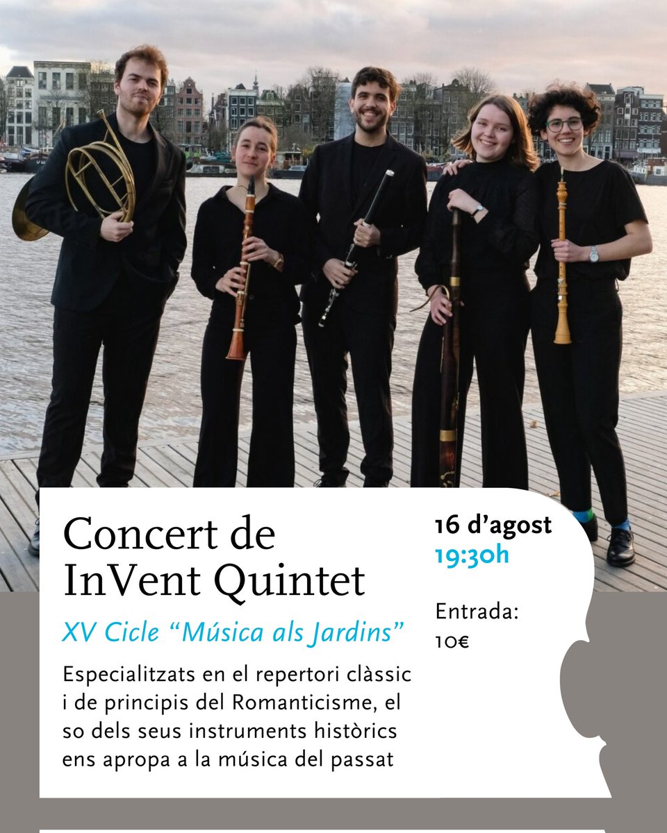 🎶 Aquest dissabte us convidem al segon concert del Cicle "Música als Jardins" de la mà  del InVent Quintent. No us el perdeu!
📅 Dissabte 16/08
⏰️ 19:30h
📍 Jardins del Museu Pau Casals
🎟 10€. Entrades disponibles a: paucasals.org/activitat/conc…
