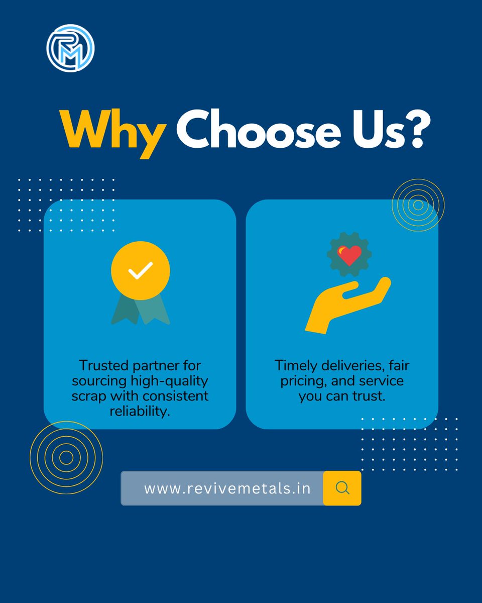 revivemetals's tweet image. &quot;Why choose Revive Metals?
✅ Premium scrap sourcing
✅ Timely deliveries
✅ Fair pricing you can trust
 revivemetals.in
#ScrapSolutions #MetalRecycling #ReviveMetals&quot;
