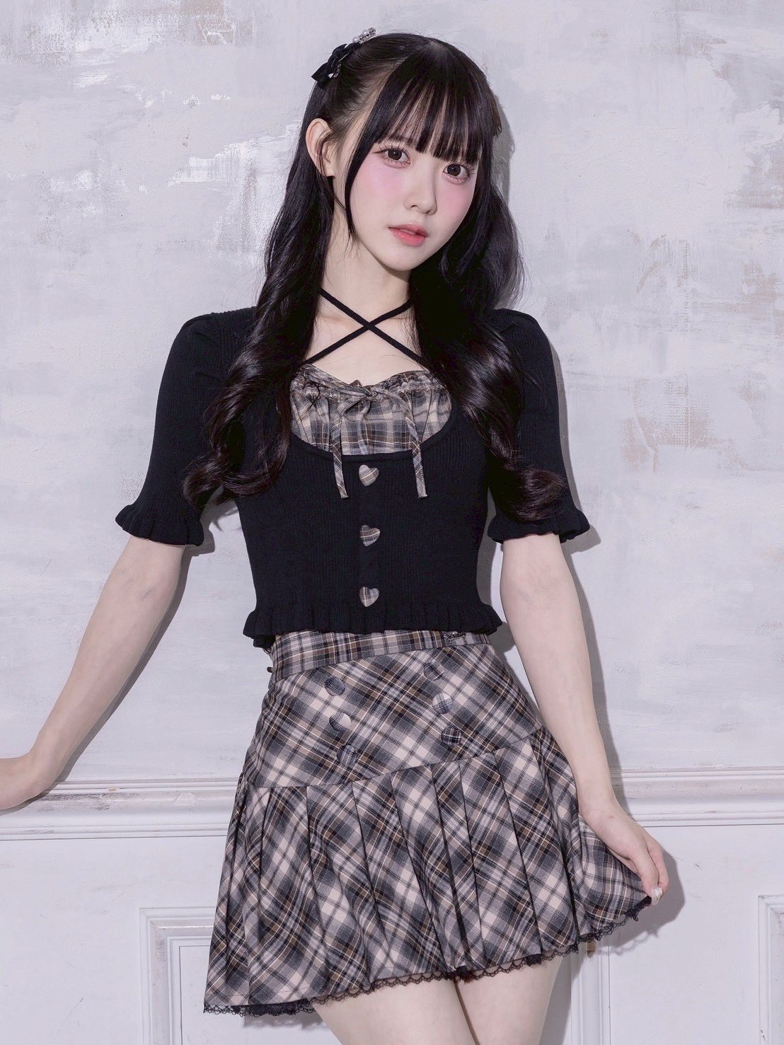 pium ハートボタンニット フロントボタンチェックプリーツミニスカート pium ハートボタンニット フロントボタンチェックプリーツミニスカート