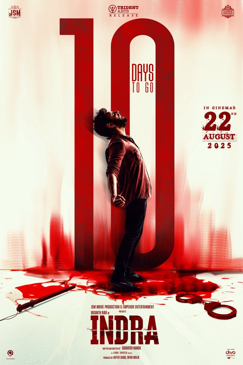 Sathish (@prosathish) on Twitter photo The countdown begins!
10 days to go 🔥
#INDRA in cinemas from Aug 22 ♥️
@jsmmovieprodn <a href="/EntEmperor/">Emperor Ent Official</a> <a href="/tridentartsoffl/">Trident Arts</a> <a href="/iamvasanthravi/">Vasanth Ravi</a> <a href="/suneeltollywood/">Suneel</a> <a href="/Mehreenpirzada/">Mehreen Pirzada👑</a> #AnikhaSurendaran <a href="/rajNKPK/">Rajkumar Actor</a> <a href="/sabarish_nanda/">sabarish nanda</a> <a href="/Ajmal__Tahseen/">Ajmal Tahseen</a> <a href="/arjaffersadiq/">JAFFER SADIQ</a> <a href="/EmperorIrfan/">Irfan_emperor</a> <a href="/PrabuRhagav/">Prabu Rhagav</a> The countdown begins!
10 days to go 🔥
#INDRA in cinemas from Aug 22 ♥️
@jsmmovieprodn <a href="/EntEmperor/">Emperor Ent Official</a> <a href="/tridentartsoffl/">Trident Arts</a> <a href="/iamvasanthravi/">Vasanth Ravi</a> <a href="/suneeltollywood/">Suneel</a> <a href="/Mehreenpirzada/">Mehreen Pirzada👑</a> #AnikhaSurendaran <a href="/rajNKPK/">Rajkumar Actor</a> <a href="/sabarish_nanda/">sabarish nanda</a> <a href="/Ajmal__Tahseen/">Ajmal Tahseen</a> <a href="/arjaffersadiq/">JAFFER SADIQ</a> <a href="/EmperorIrfan/">Irfan_emperor</a> <a href="/PrabuRhagav/">Prabu Rhagav</a>