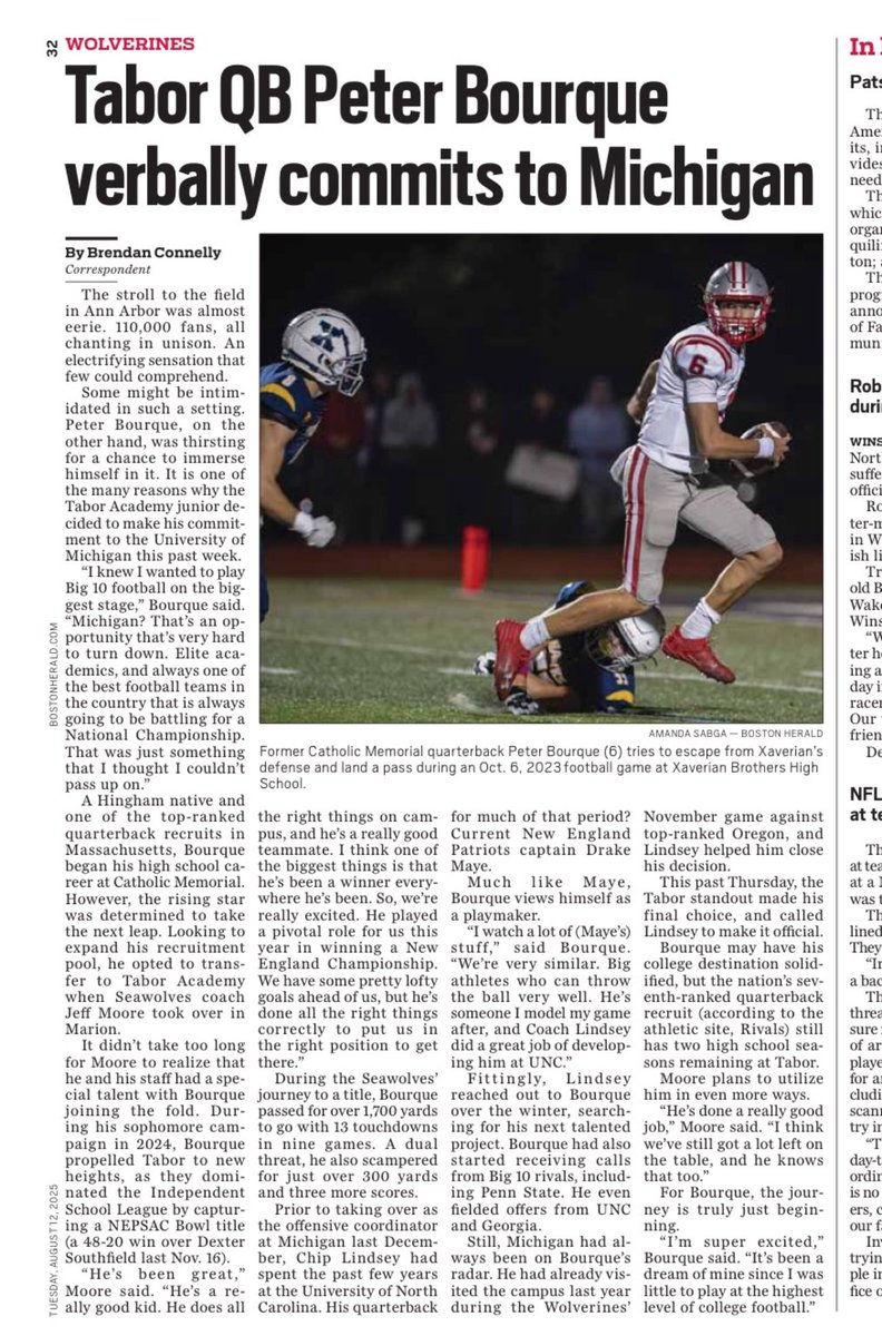 JP Plunkett (@jpplunkett) on Twitter photo It’ll be interesting to track this kid’s career <a href="/UMichFootball/">Michigan Football</a>. I enjoyed watching some of his <a href="/CathMemKnights/">Catholic Memorial Knights</a> games.
<a href="/bostonherald/">Boston Herald</a> @murray_jack_ <a href="/taboracademy/">Tabor Academy</a> It’ll be interesting to track this kid’s career <a href="/UMichFootball/">Michigan Football</a>. I enjoyed watching some of his <a href="/CathMemKnights/">Catholic Memorial Knights</a> games.
<a href="/bostonherald/">Boston Herald</a> @murray_jack_ <a href="/taboracademy/">Tabor Academy</a>