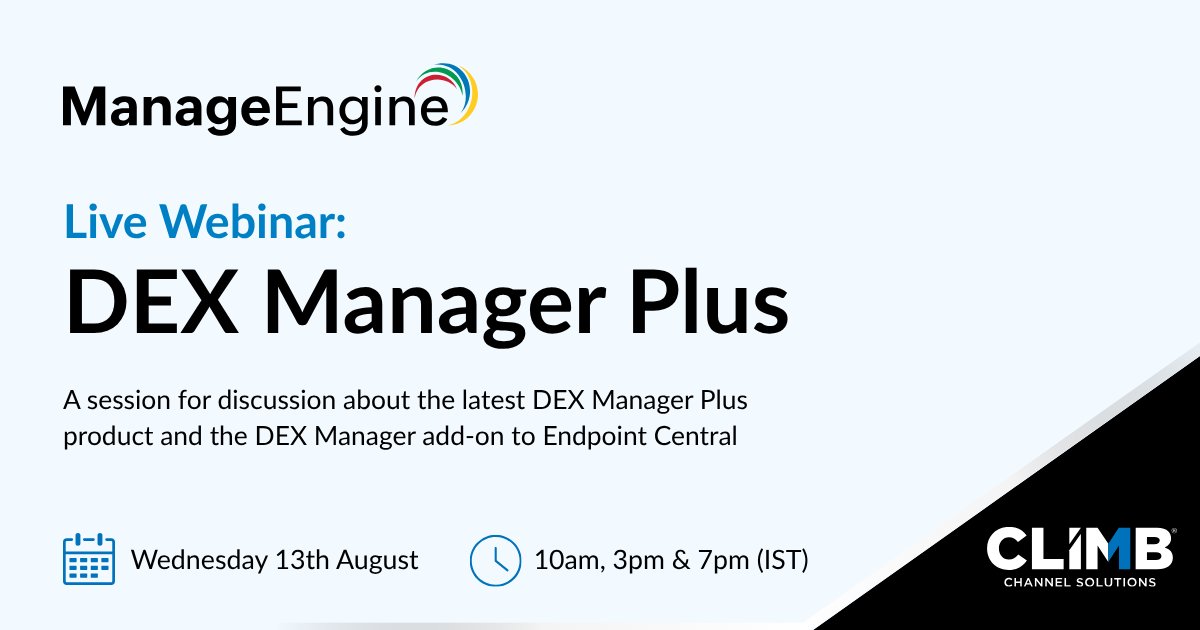 Climb Channel Solutions UK (@climbcs_uk) on Twitter photo 🚨 <a href="/manageengine/">ManageEngine</a> are running an exclusive partner webinar on DEX Manager Plus!🚨
📆 13th August, 2025
⌚ 10 AM (IST), 3 PM (IST), and 7 PM (IST).
🔗 Register here: meet.zoho.com/lhoo-yxt-ywh
#dex #manageengine #dexmanager 🚨 <a href="/manageengine/">ManageEngine</a> are running an exclusive partner webinar on DEX Manager Plus!🚨
📆 13th August, 2025
⌚ 10 AM (IST), 3 PM (IST), and 7 PM (IST).
🔗 Register here: meet.zoho.com/lhoo-yxt-ywh
#dex #manageengine #dexmanager