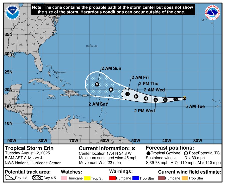 It is still too early to determine what impacts, if any, Erin may bring to the northern Leeward Islands, Bermuda, or the east coast of the United States. As we approach the climatological peak of the hurricane season, this is an opportune time to ensure your preparedness plans