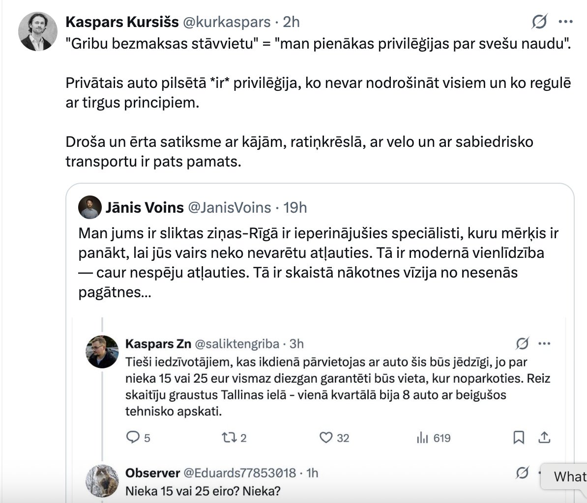 Kā saka progresīvie Kaspari:
“Gribu bezmaksas veloceliņu no Juglas uz Imantu” = “Man pienākas…” Kā tur tālāk pēc teksta?
Starp citu, progresīvie Kaspari — jūsu dzīves sapnis ir 15 minūšu pilsēta. Kam mums šie daudzmiljonu ieguldījumi? Žogu apkārt Grīziņkalnam uzmaucam un viss?