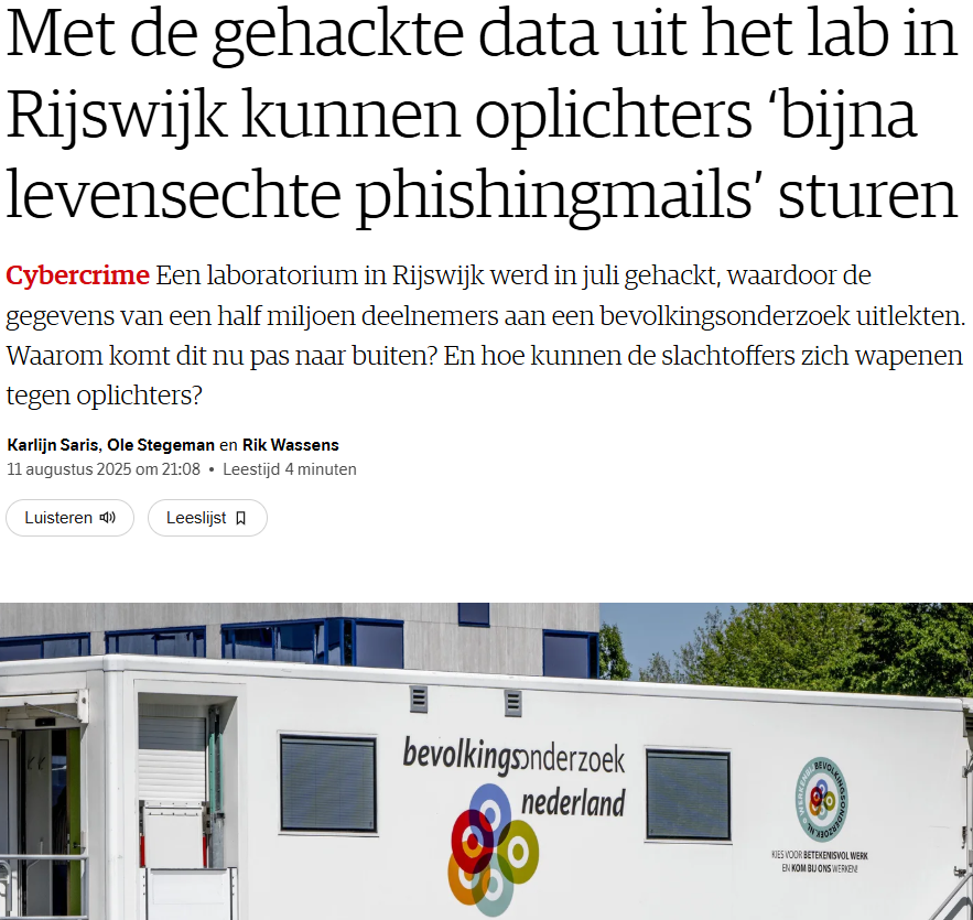 Gestolen gevoelige medische data kunnen goudmijn zijn voor oplichters: nrc.nl/nieuws/2025/08…

Hoog tijd dat medische gegevens beter beveiligd worden!
En des te meer reden om geen EPD of LSP te willen, wat de kwetsbaarheid hiervoor vergroot! #privacy #Hacked