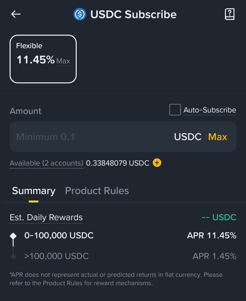바이낸스 USDC 예치 조건 보셨나요? Flexible 기준으로 10만 USDC까지 무려 연 11.45% 😮 그 이상은 1.45%로  뚝 떨어지지만… 이율 계산해보면 하루에 약 0.03137% → 10만 넣으면 하루 $31.37 USDC. 스테이블코인에 이런 수익률이라니