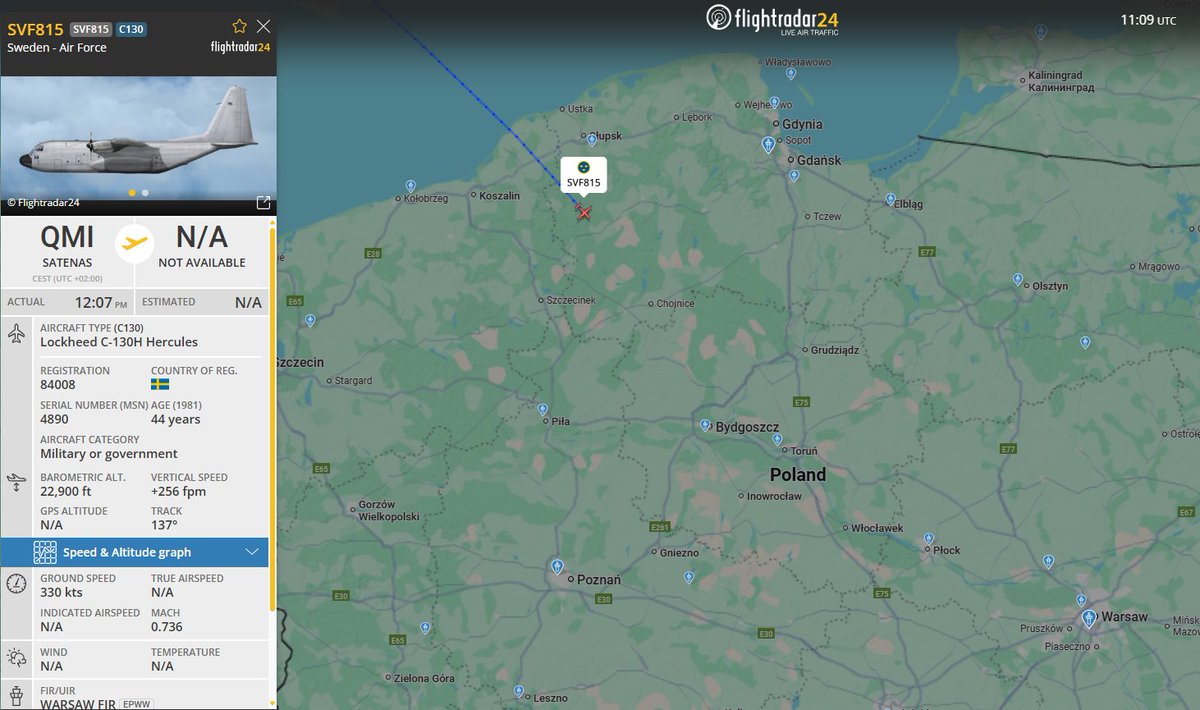 PolishMilRadar's tweet photo. 📅12.08🕐13:12LT
🇸🇪Siły Powietrzne Szwecji
✈️Lockheed C-130H Hercules "84008"
#SVF815 na wysokości FL230
🛫Satenas #LSIB🇸🇪
🛬Konstanca #LRCK🇷🇴 (prawdopodobnie)
🔗https://t.co/Xrx7GqAaOD
#POLMILRADAR https://t.co/g5ULxy5O2j