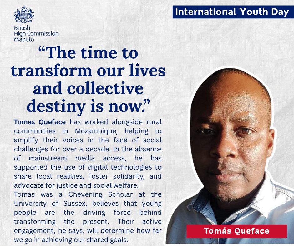 UKinMozambique's tweet photo. @tomqueface has spent over a decade working with rural communities in Mozambique, helping amplify their voices through digital tools and grassroots activism.
Today we celebrate this #InternationalYouthDay and young Mozambicans engagement in building a more just and equal society. https://t.co/PKsGBhWXxG