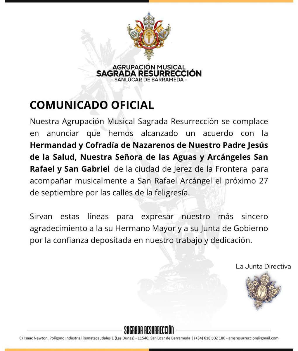amsresurreccion's tweet photo. Nos complace anunciar el acuerdo alcanzado con @hdadsanrafael para acompañar a su titular 𝑺𝒂𝒏 𝑹𝒂𝒇𝒂𝒆𝒍 𝑨𝒓𝒄𝒂́𝒏𝒈𝒆𝒍 el próximo 27 de septiembre, llevando su luz y protección por las calles de Jerez de la Frontera.

#SonesDeResurrección🎺🥁 https://t.co/tl9VAhWWb1
