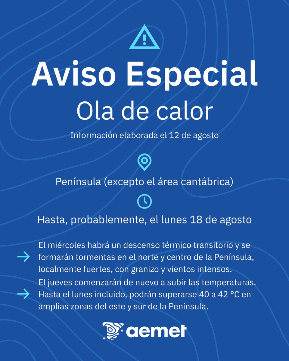⚠️ AVISO ESPECIAL | OLA DE CALOR

→ El miércoles, descenso térmico transitorio. Tormentas en el norte y centro peninsular.

→ Nuevo ascenso térmico a partir del jueves. La ola de calor probablemente se prolongue hasta el lunes 18.

+ info 👉
aemet.es/es/eltiempo/pr…