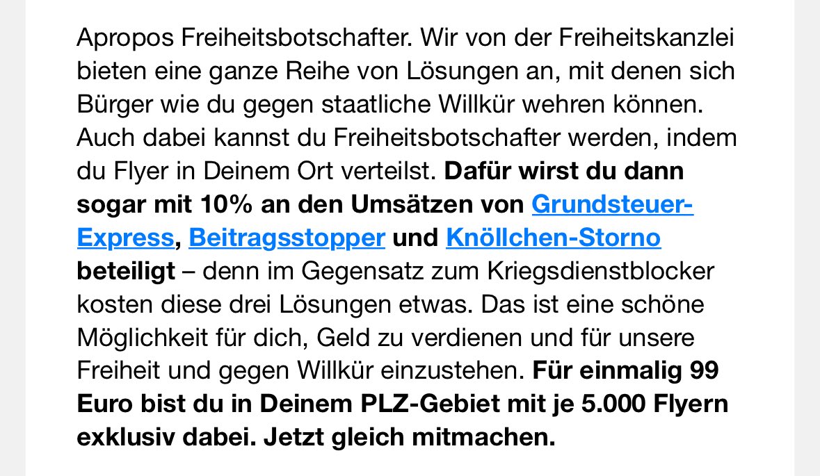Songül und ihr Maggus Bönig machen mit ihrer „Freiheitskanzlei“ jetzt auf Multi-Level-Marketing 🤦‍♂️

Für nur 99 Euro ist man dabei. Alles „nur für die Freiheit“, versteht sich ☝️🤣