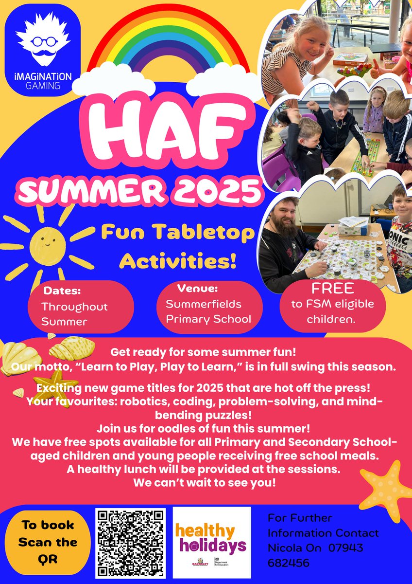 Exciting News!
<a href="/imagigaming/">Imagination Gaming</a> still has a few spots left this summer for fun-filled activities with the #Barnsley #HealthyHolidays Programme
Join us at <a href="/JosephLockePS/">Joseph Locke Primary</a> &amp; Summerfield Academy in Royston for days of friendship, tabletop gaming, and nutritious meals
#summerholidays