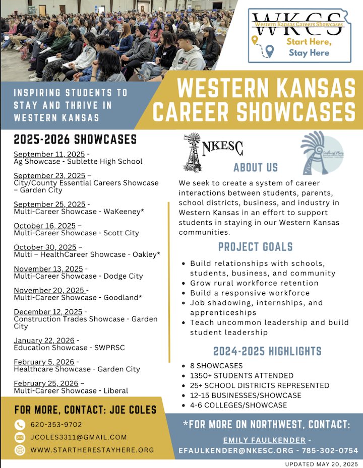 Start Here. Stay Here! The Western Kansas Careers Showcases were designed to create a system of interactions that connect students, parents, school districts, businesses, and industry to grow our rural workforce. Discover more! wkreda.com/about/wkreda-n…!