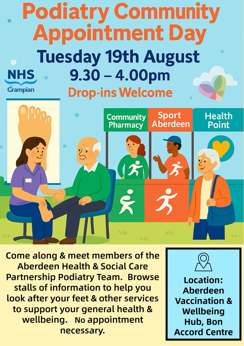 carolineand73's tweet photo. 🦶 Podiatry Community Appointment Day
📅 Tues 19 Aug | 🕤 9:30–4:00
📍 Aberdeen City Vaccination &amp; Wellbeing Hub, Bon Accord Centre   Drop-in – No appointment needed!
Meet the Aberdeen Health &amp; Social Care Partnership Podiatry Team + info stalls to help you look after your feet. https://t.co/ARRcUfy2dN