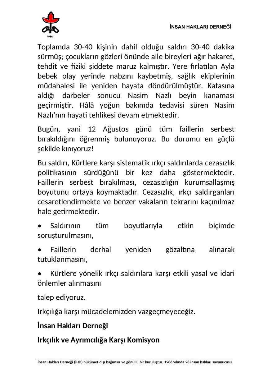 Mersin’de Kürt bir aileye sopalarla, küreklerle saldırıldı.
3 aylık bebek yere fırlatıldı, bir kişi beyin kanaması geçirdi, hâlâ gözetim altında.
Bugün tüm failler serbest bırakıldı.
Cezasızlık ırkçılığı besliyor!
#IrkçıSaldırılaraSon #CezasızlığaSon #Mersin