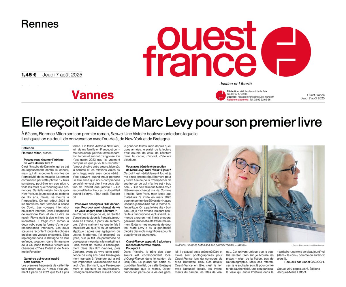 JMLaffontEd's tweet image. À 52 ans, Florence MITON publie son premier roman Sœurs, une histoire bouleversante.

Un projet né d’une expérience personnelle forte, porté par une écriture sincère et lumineuse, qui a reçu le soutien de @Marc_Levy 📖✨
