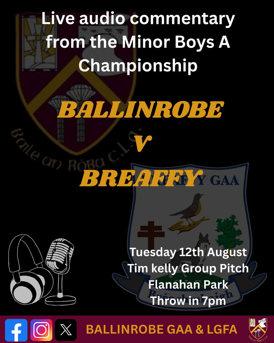Club Radio🎙️
Join us this evening for the Minor Boys Championship 
Ballinrobe V Breaffy 
Live audio commentary with Padriac and Ryan
