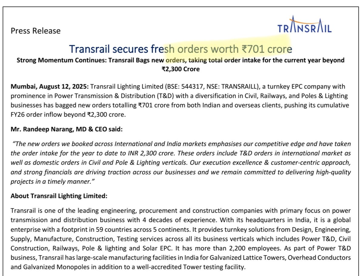 ⚡Transrail Lightings- another order win, worth ₹701 crore.
The total order book stands at ₹16,344 crores.
-
Dis: invested.