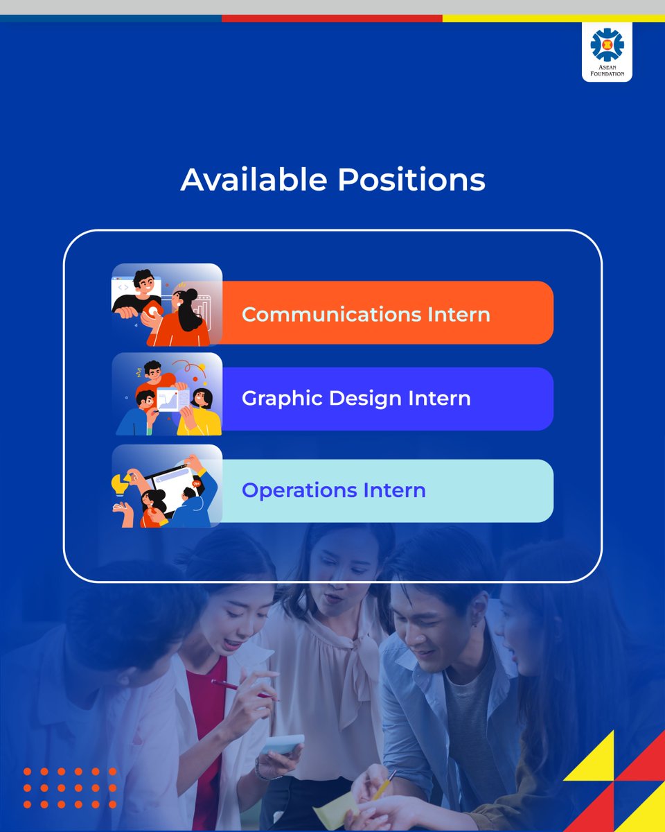 aseanfoundation's tweet photo. Calling all changemakers and go-getters!
The ASEAN Foundation Internship Programme 2025 (Batch 2) is officially open, and we want YOU(th) on the team!
🔗 Apply now: https://t.co/lhQeBhSLq2 by 24 August 23:59 (GMT+7) #GrowWithAF #BeASEAN https://t.co/DXGrDMIlfj