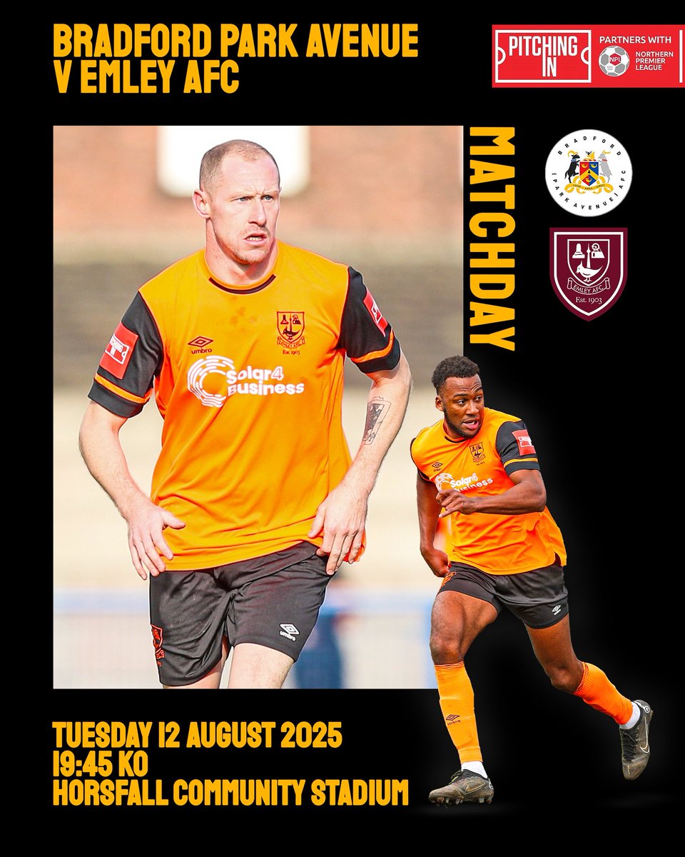 Match Day | Bradford Park Avenue 
<a href="/NorthernPremLge/">The Pitching In Northern Premier League</a> Div1 East 

<a href="/BPAFCOfficial/">Bradford (Park Avenue) AFC</a> v Emley AFC 
Tuesday 12 August 
7.45pm KO 
📍Horsfall Community Stadium, BD6 2NG
🎟️Adult £10, Student £5, Youth (12-17) £3, U12 £1
🎤 Matt will be online at 7.30pm emleyafc.mixlr.com/events/4408386

#UTP #Emley
