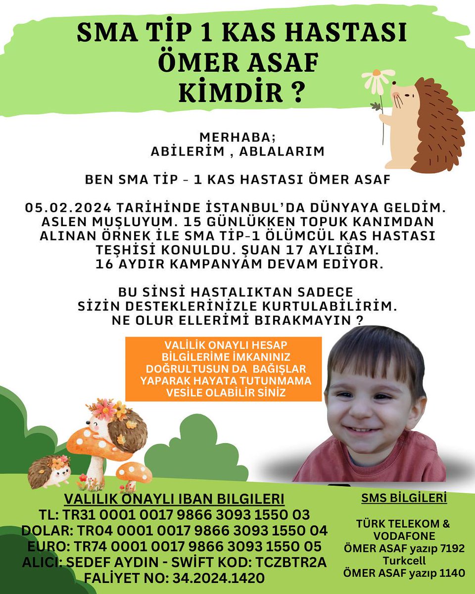 Merhaba ben Ömer Asaf

Küçücük bedeniyle büyük bir yaşam mücadelesi veren kirpi çocuğum.. 🥺

Tek istediğim sağlıkla yaşamak.. 
Yaşıtlarım gibi parklarda, bahçelerde özgürce oynamak.. 🥺

Kampanyam sizlerin Desteğiyle şuan %60 da. Sağlıkla yaşayıp, sağlıkla büyümek için siz