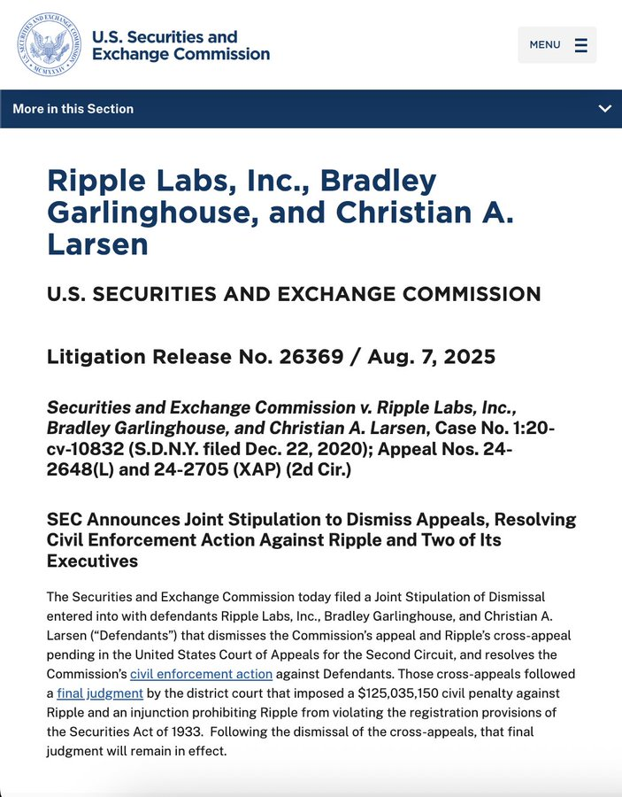 onchain_wire's tweet photo. 🔥 UPDATE: The SEC issues a Litigation Release confirming the resolution of its case against Ripple. 📜✅

#SEC #Onchainwire https://t.co/CcrWfqeIHM
