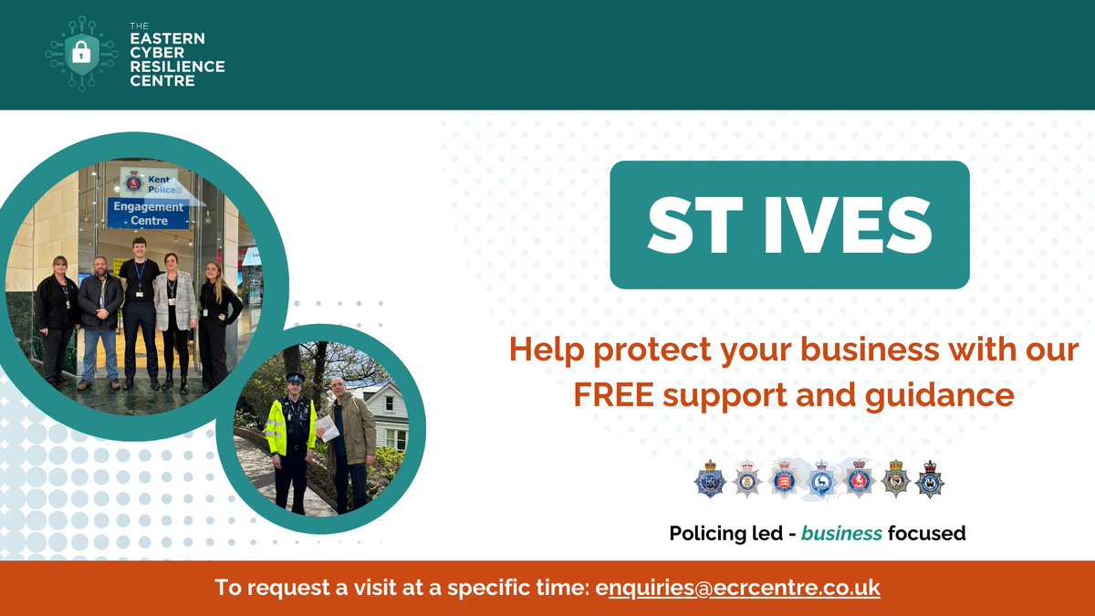 📢 #CommunityEngagement in St Ives tomorrow!

The #ECRC will be speaking to local businesses &amp; offering expert guidance to help safeguard against #cyberattacks.

📍 St Ives PE27
📅 13th August ⏰ 10am – 3pm
👉 More info:  bit.ly/4fyvY1P

#cyberresilience #cyberawareness