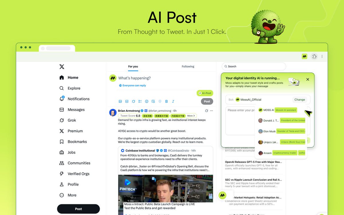 MossAI_Official's tweet photo. Moss 0.4.2 has landed🏞️ - Cleaner X, sharper insights, and more powerful posting tools.

Now live on the Chrome Web Store.👉
https://t.co/ubhBTwKaNk

Core features at a glance

🧼 Clean X: Filter out paywalled & repetitive tweets for a clutter-free feed.

✍️ AI Post: Create tweets in the voice of favorite KOLs.

📊 Smart Follow & Tweet Ratings: Track who matters, surface the best content.

And More 👇🧵