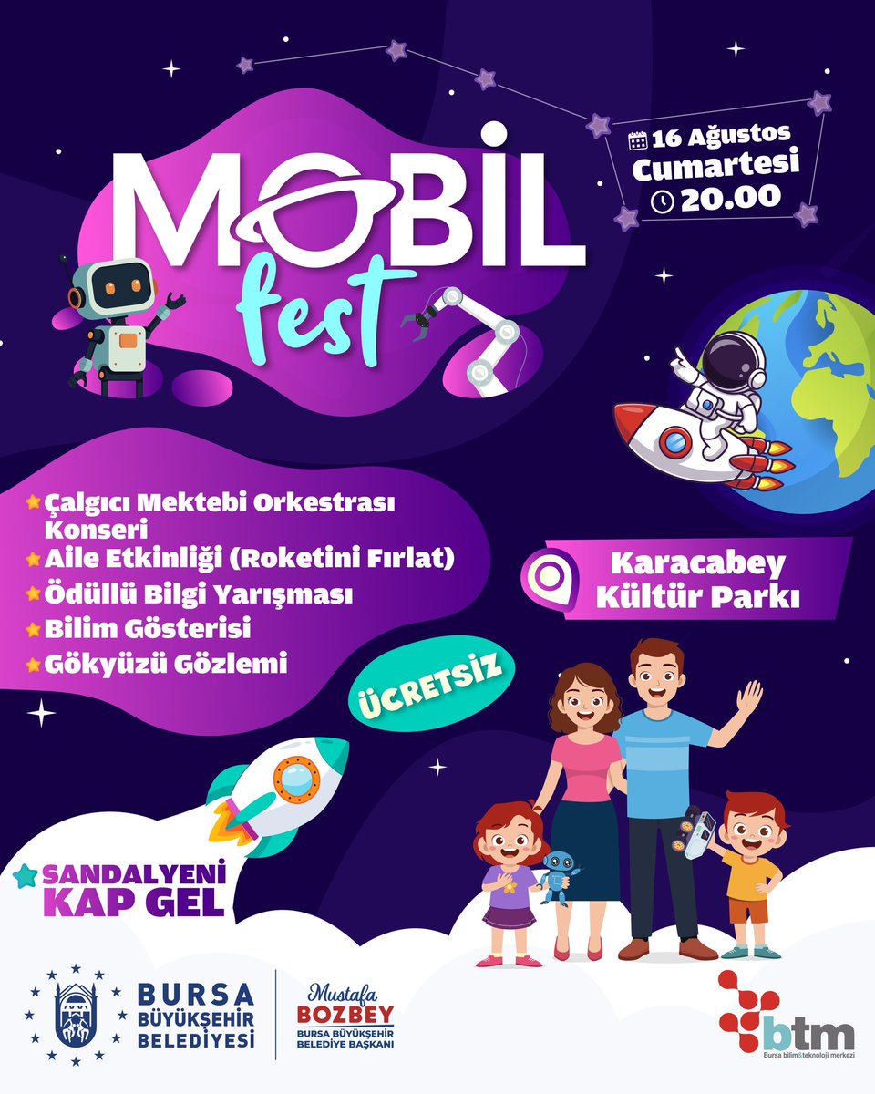 bursabuyuksehir's tweet photo. 🔭 MOBİLFEST serimizde 3. durak: Karacabey! 

Karacabey Kültür Parkı’nda, bilimle dolu, keyifli ve öğretici bir akşam geçirmek isteyen her yaştan hemşehrilerimizi 16 Ağustos Cumartesi akşamı aramıza bekliyoruz.

🎺 Çalgıcı Mektebi Orkestramızın muhteşem konseriyle başlayacak etkinliğimiz;
 🎯 Ödüllü bilgi yarışması 👨‍👩‍👧‍👦 Aile etkinliği (Roketini Fırlat) 🌌 Gökyüzü gözlemi 🔬 Bilim gösterisi ile devam edecek.

📅 Tarih: 16 Ağustos 2025 Cumartesi 📍 Yer: Karacabey Kültür Parkı 🕒 Saat: 20.00

#BursaMobilFest
@mustafabozbey