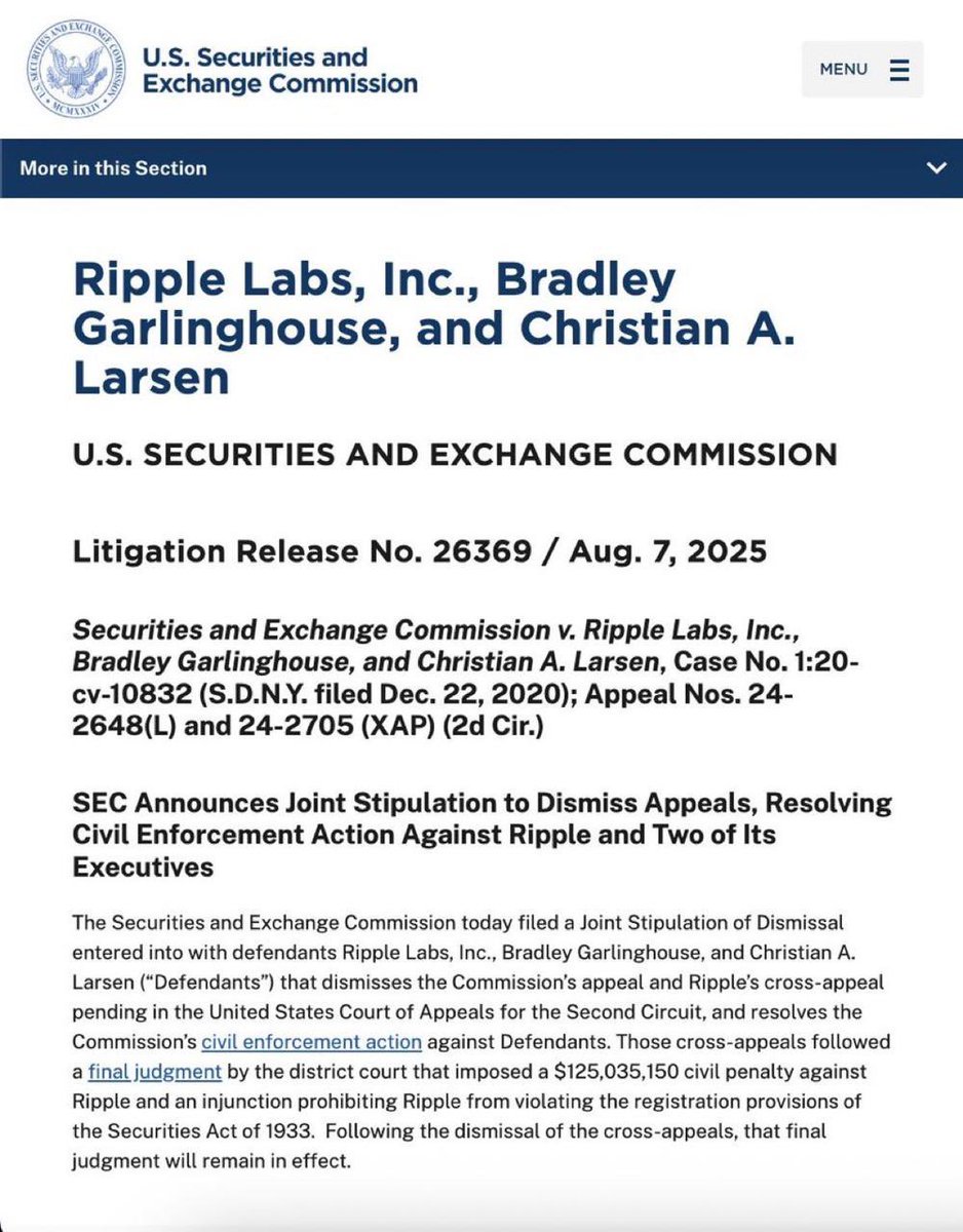 Sec, #Ripple'a karşı açtığı davanın çözümünü duyuran bir dava bildirisi yayımladı.

#SEC, Ripple Labs ve yöneticileri Bradley Garlinghouse ile Christian Larsen’e karşı açtığı temyiz davalarını karşılıklı olarak düşürdü. Ripple, 125 milyon dolardan fazla para cezası ve menkul