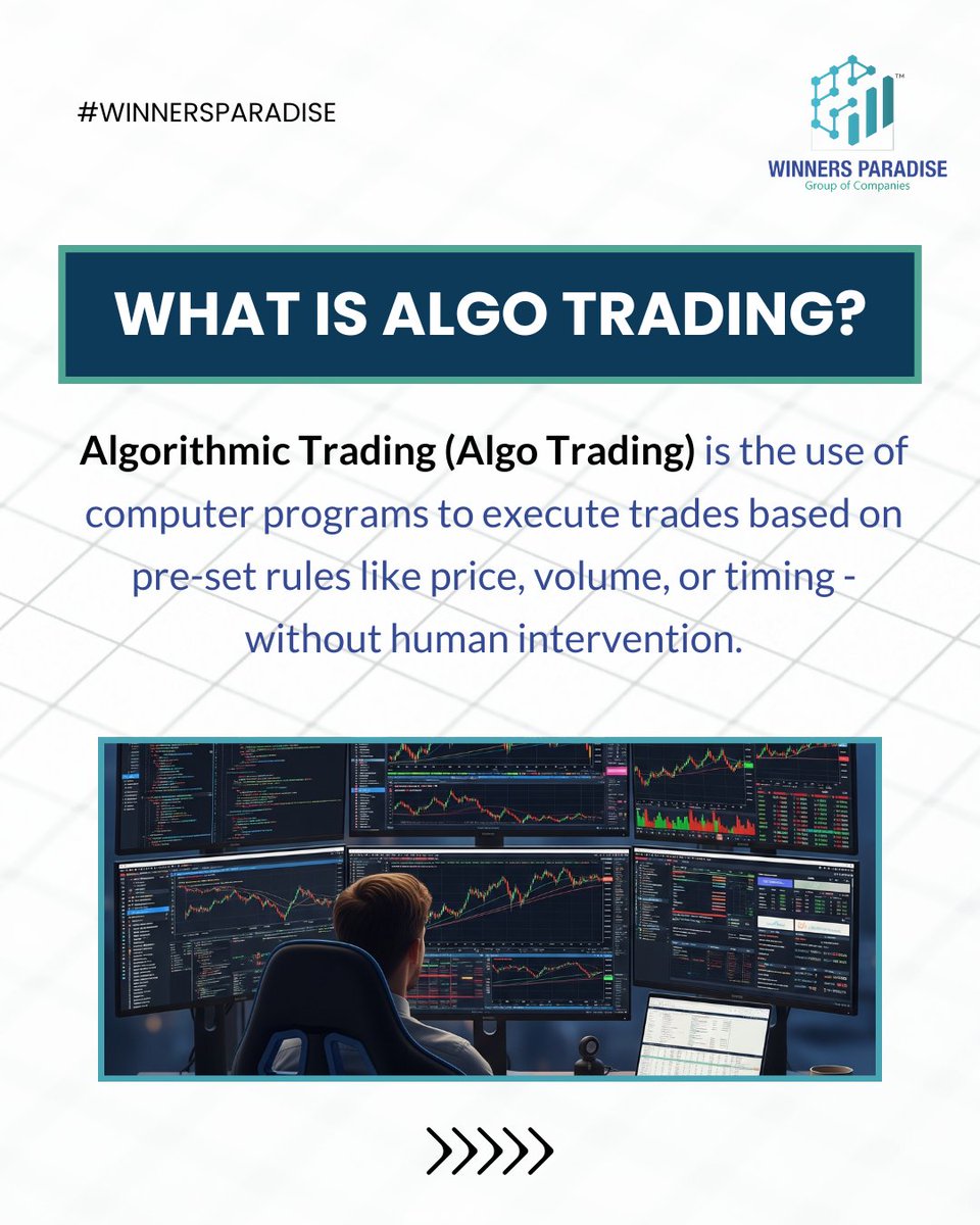winnerspardise's tweet photo. Algo Trading – The Future of Investing? 📈

Did you know that over 70% of stock market trades today are executed by algorithms?
Algorithmic Trading is transforming the way the world invests.

#WinnersParadise #AlgoTrading #FutureOfInvesting #StockMarketIndia https://t.co/779qWItBeZ