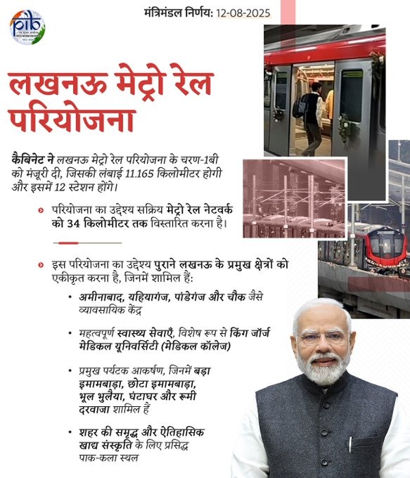 kpmaurya1's tweet photo. आदरणीय प्रधानमंत्री श्री @narendramodi जी के नेतृत्व में, केंद्रीय मंत्रिमंडल ने ₹5,801 करोड़ की लागत से लखनऊ मेट्रो रेल परियोजना के Phase-1B को स्वीकृति दी है। यह उत्तर प्रदेश के मेट्रो नेटवर्क विस्तार की दिशा में सराहनीय कदम है।

11.165 किलोमीटर लंबे इस चरण में 7 भूमिगत और 5 एलिवेटेड मिलाकर कुल 12 स्टेशन होंगे, जो राजधानी के प्रमुख आर्थिक, सामाजिक और व्यावसायिक केंद्रों को आपस में जोड़ेंगे।

यह मेट्रो न केवल यातायात व्यवस्था को सुगम बनाएगी, बल्कि रोजगार, पर्यटन और निवेश के नए अवसर भी सृजित करेगी।

लखनऊ वासियों को यह सौगात देने के लिए यशस्वी प्रधानमंत्री जी आपका हृदय से आभार!

https://t.co/aLY030YjF3