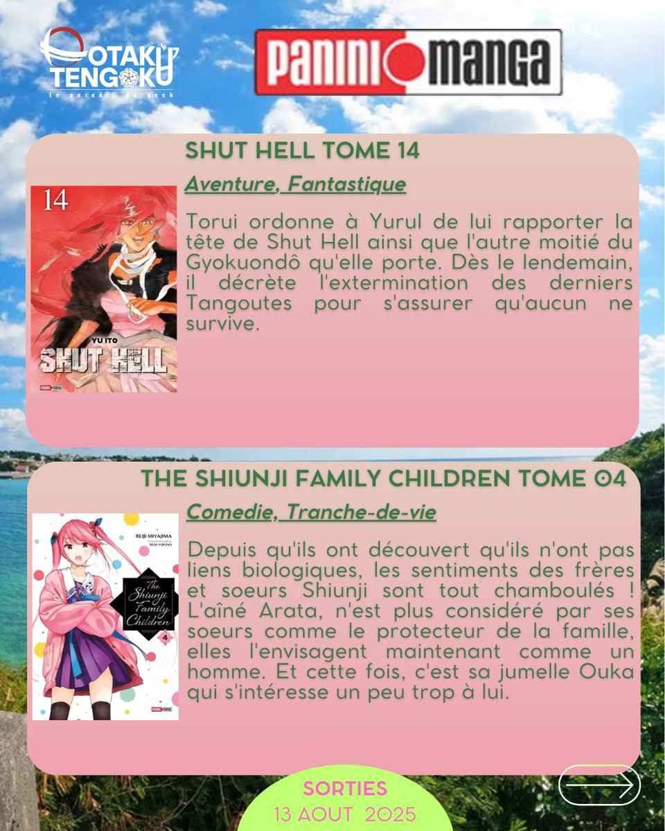 OTengoku_fr's tweet photo. Les #SortiesManga 📖 du mercredi 13 Août chez @PaniniManga
• Kotaro en solo Tome 08
• Le Secret d'Aiko - Nouvelle Edition Tome 04
• Shut Hell Tome 14
• The Shiunji Family Children Tome 04 https://t.co/ZLP0ndMC0l