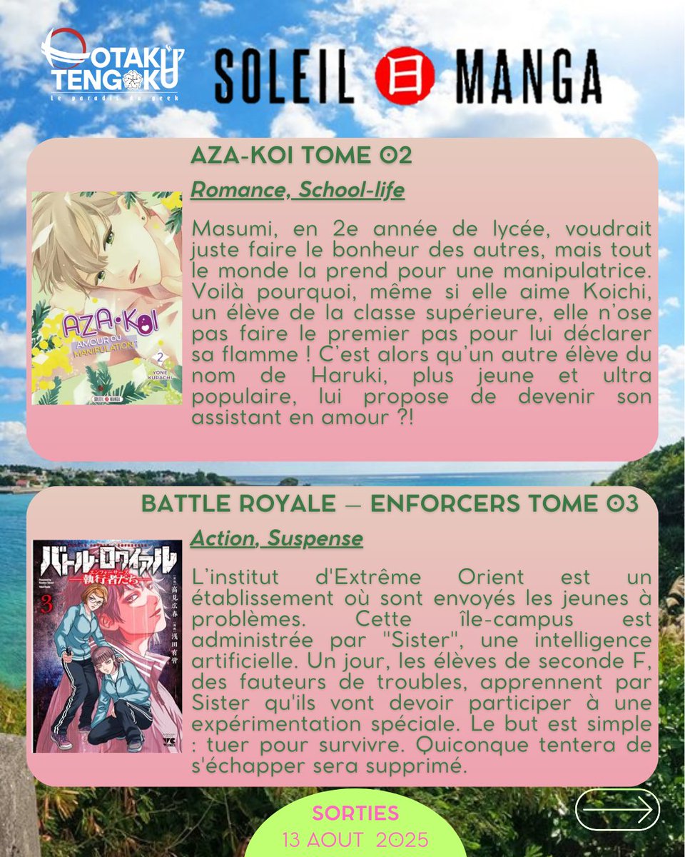 OTengoku_fr's tweet photo. Les #SortiesManga 📖 du mercredi 13 Août chez @Soleil_Manga
• Aza-Koi Tome 02
• Battle Royale – Enforcers Tome 03
• Coffee &amp; Vanilla Tome 23
• Love Coach Koigakubo-kun Tome 06
• Mon très cher F - Le fantôme de l'opéra Tome 04
• Sois ma muse ! Tome 08 https://t.co/hoaE51G1n6