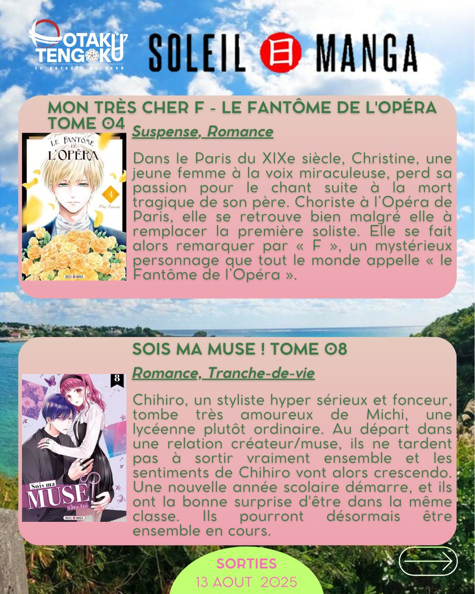 OTengoku_fr's tweet photo. Les #SortiesManga 📖 du mercredi 13 Août chez @Soleil_Manga
• Aza-Koi Tome 02
• Battle Royale – Enforcers Tome 03
• Coffee &amp; Vanilla Tome 23
• Love Coach Koigakubo-kun Tome 06
• Mon très cher F - Le fantôme de l'opéra Tome 04
• Sois ma muse ! Tome 08 https://t.co/hoaE51G1n6